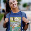 smiling girl in deep blue Enchanted Forest tshirt
