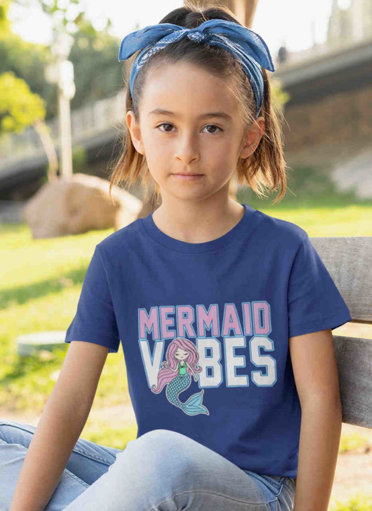 sweet girl in Mermaid Vibes deep blue Tshirt