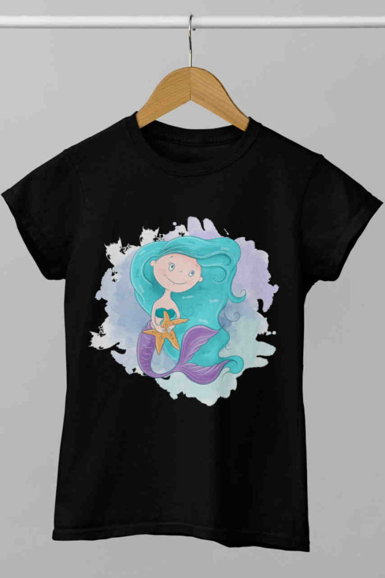 Black tshirt with mermaid holding starfish