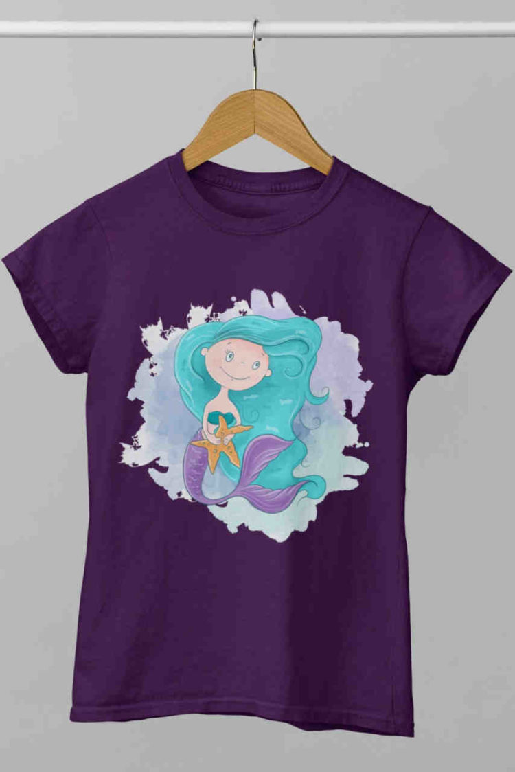 Purple tshirt with mermaid holding starfish
