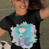 lovely girl in black tshirt with mermaid holding starfish