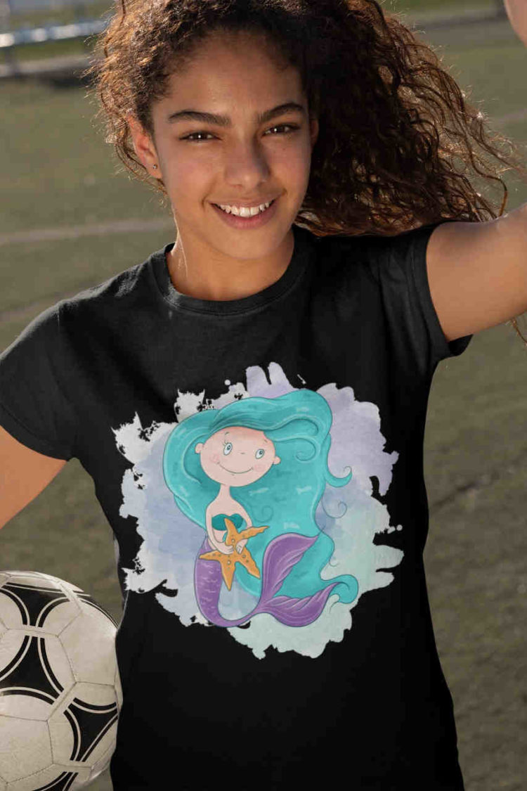 lovely girl in black tshirt with mermaid holding starfish