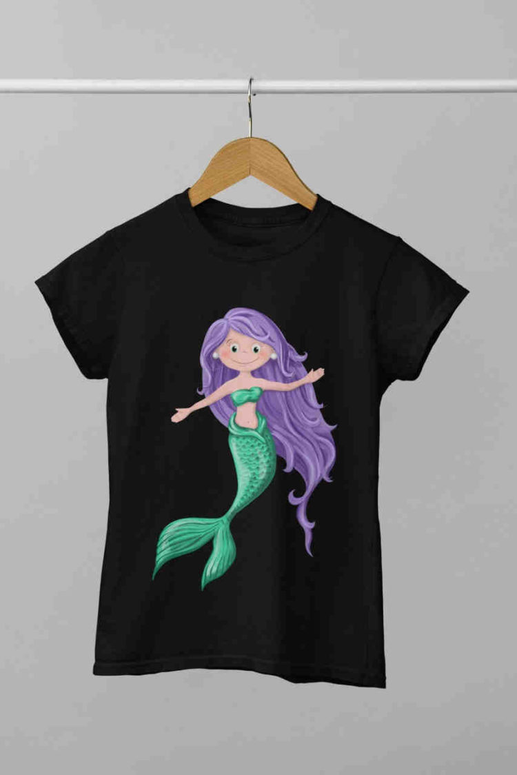 Mermaid with long purple hair on black tshirt