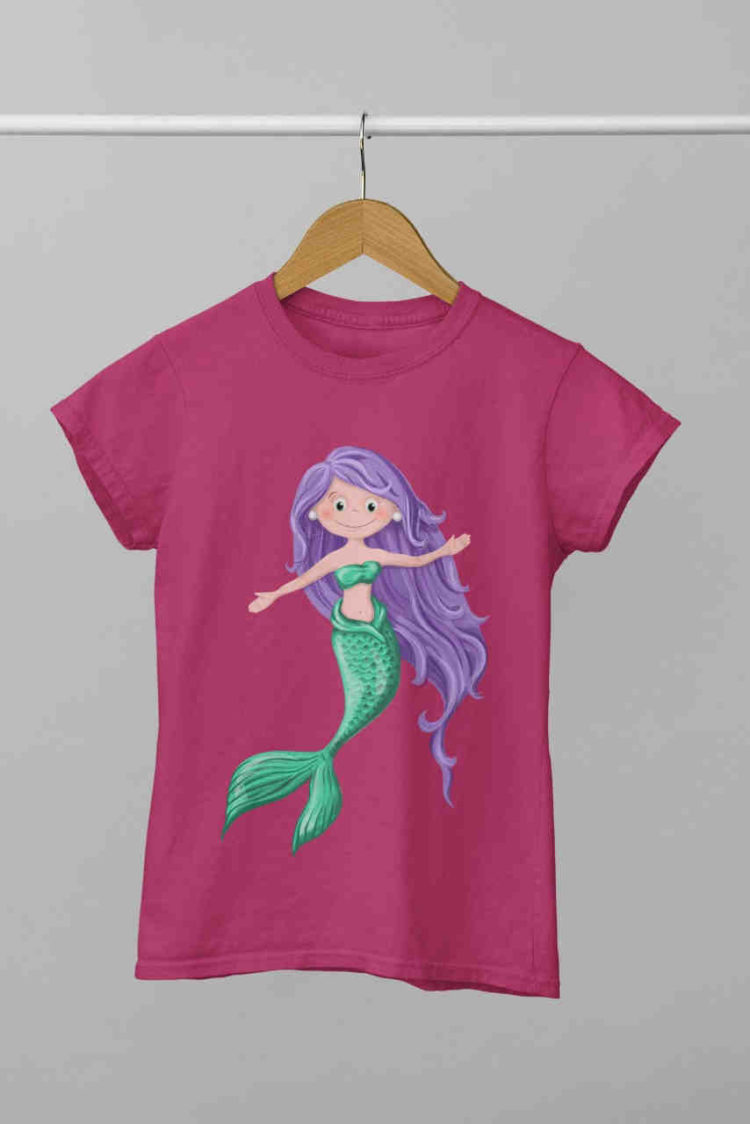 Mermaid with long purple hair on dartk pink tshirt