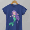 Mermaid with long purple hair on deep blue tshirt