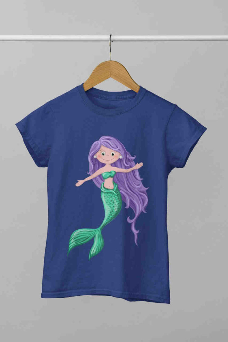 Mermaid with long purple hair on deep blue tshirt