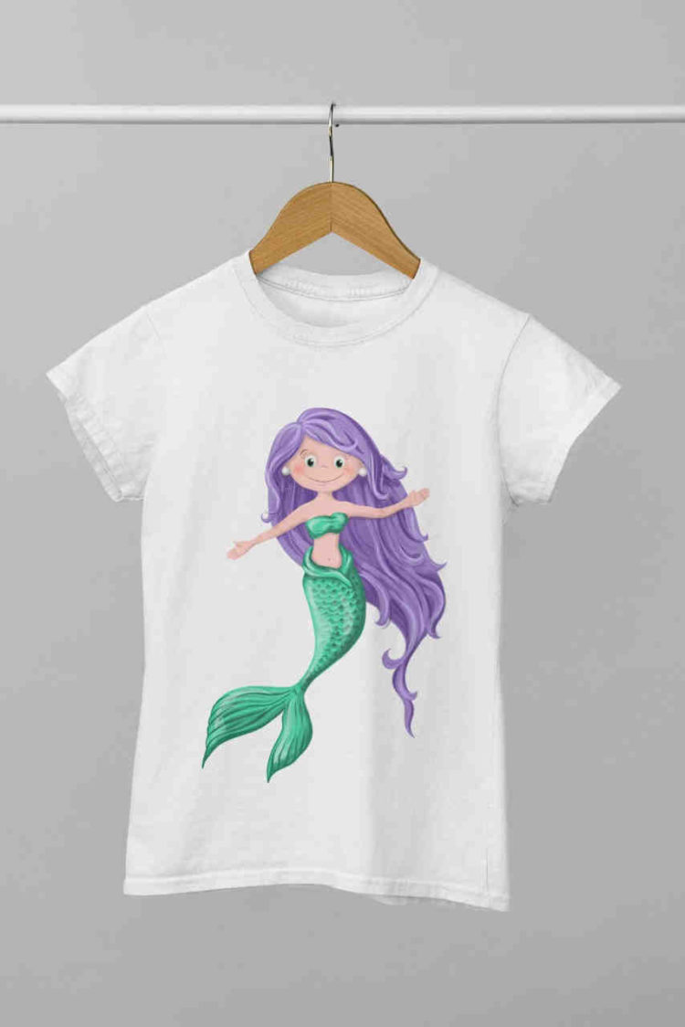 Mermaid with long purple hair on white tshirt