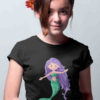 cute girl in black tshirt with Mermaid with long purple hair