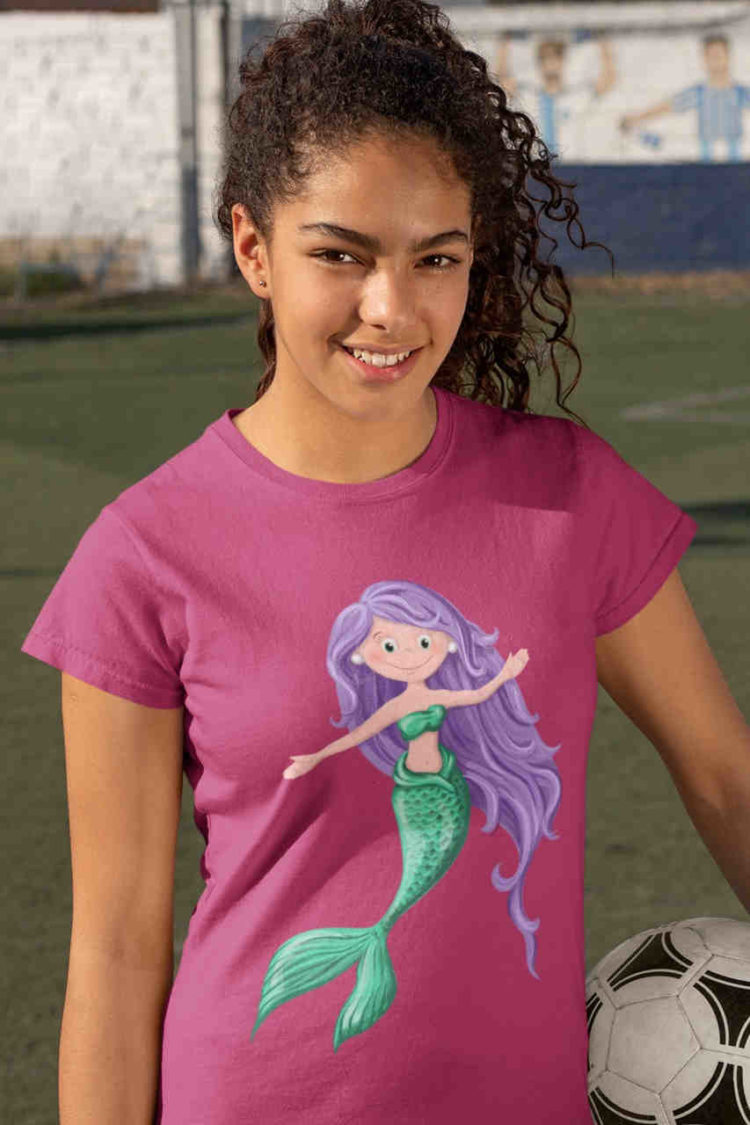 lovely girl in dark pink tshirt with Mermaid with long purple hair
