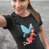 beautiful girl in black tshirt with Blue winged fairy flying