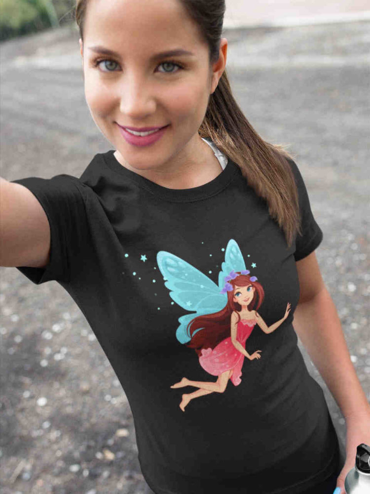beautiful girl in black tshirt with Blue winged fairy flying
