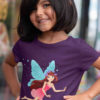 cute girl in purple tshirt with Blue winged fairy flying