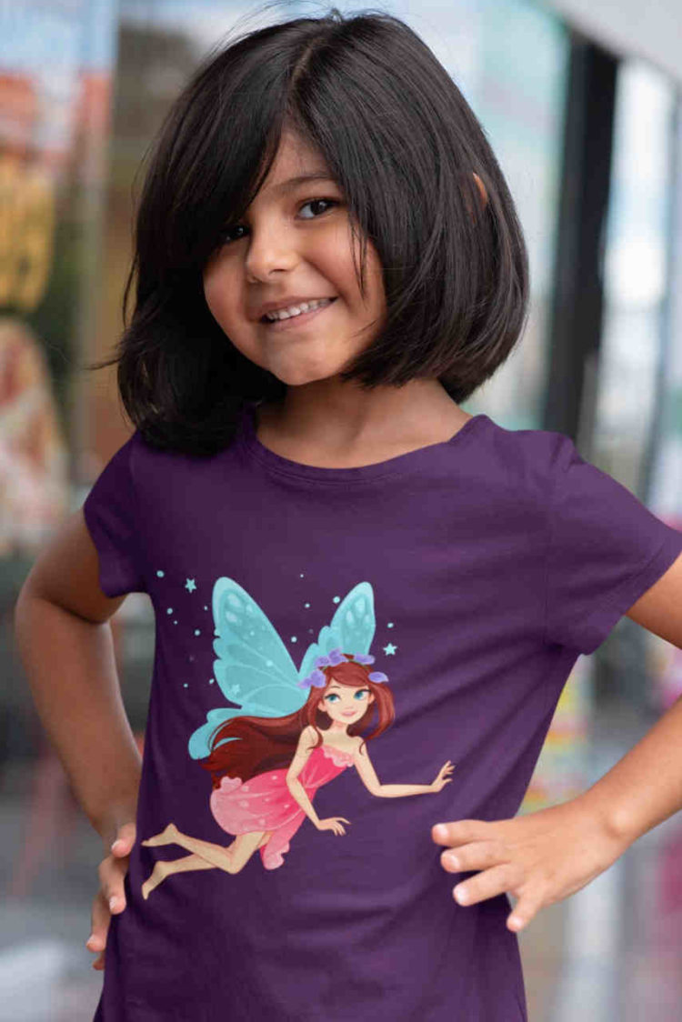 cute girl in purple tshirt with Blue winged fairy flying