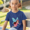 sweet girl in deep blue tshirt with Blue winged fairy flying