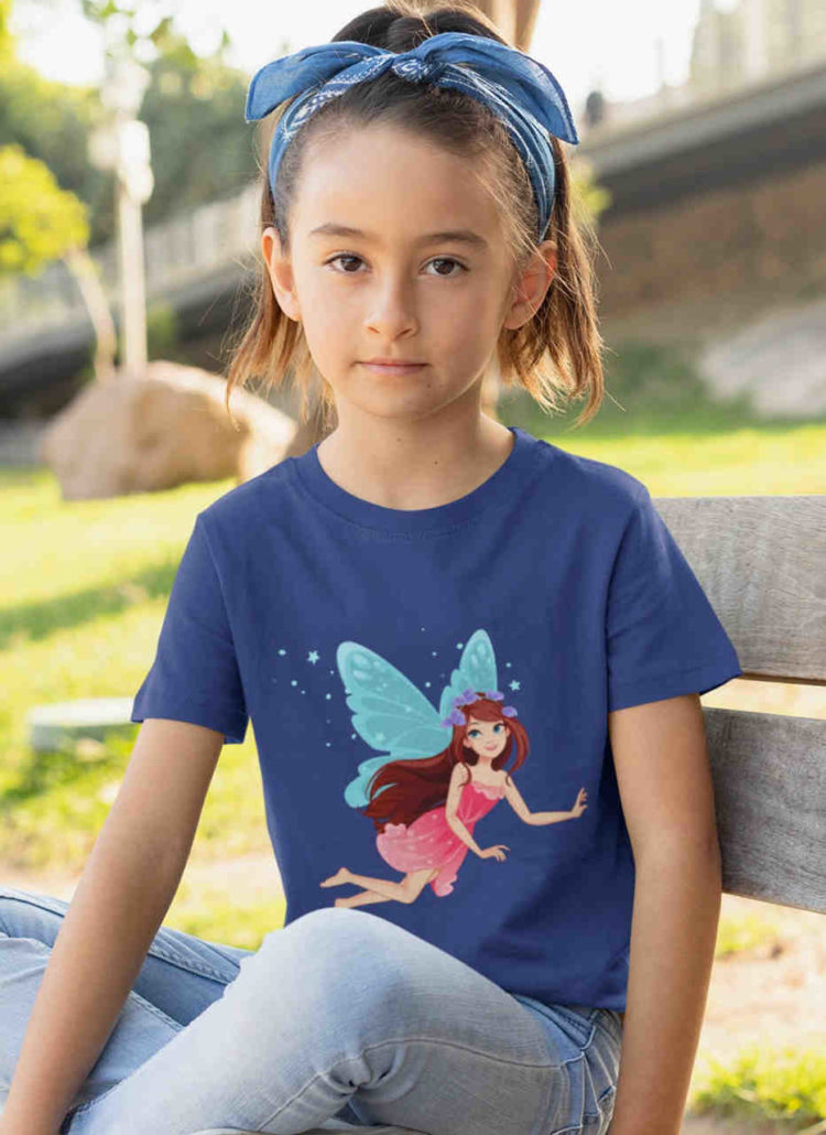 sweet girl in deep blue tshirt with Blue winged fairy flying