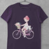 Purple tshirt with girl riding bicycle with cat