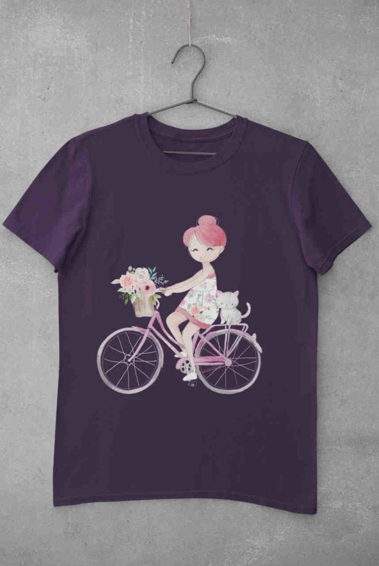 Purple tshirt with girl riding bicycle with cat