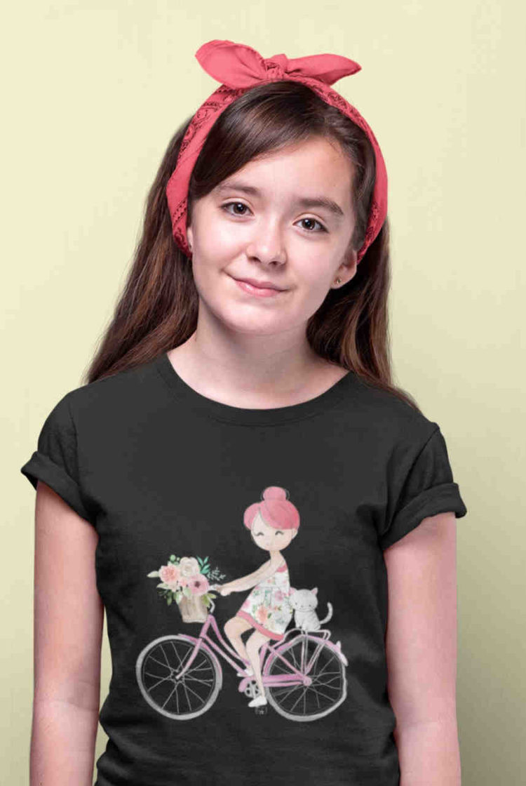 pretty girl in Black tshirt with girl riding bicycle with cat