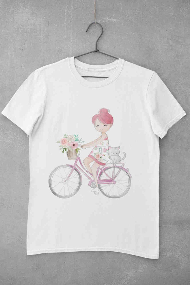 white tshirt with girl riding bicycle with cat