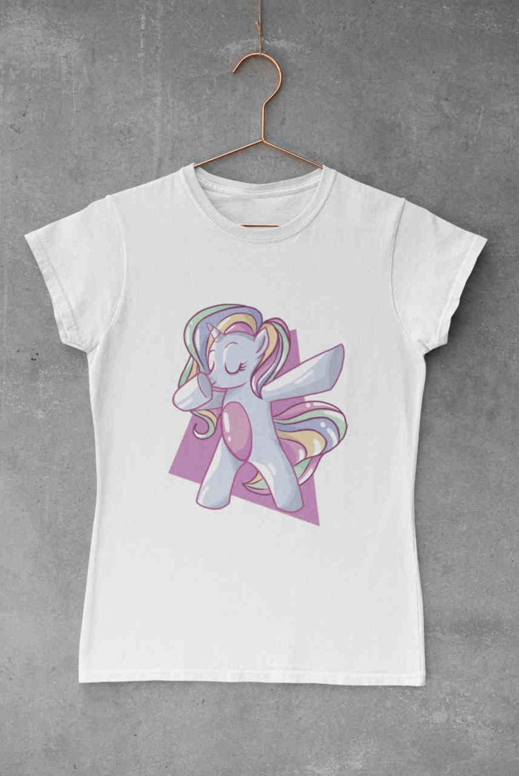 White tshirt with Rainbow unicorn dabbing