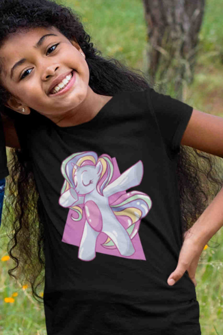 pretty girl in black tshirt with Rainbow unicorn dabbing