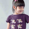 cute girl in purple tshirt with Unicorns with curly rainbow hair