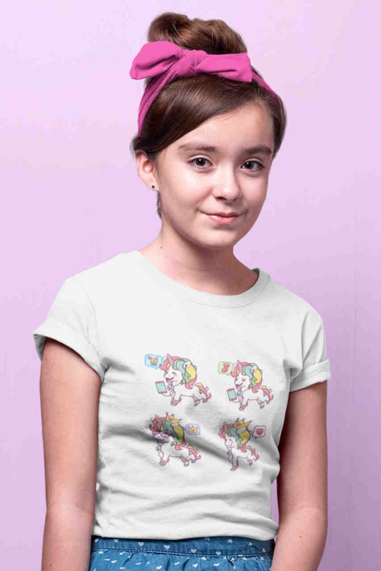 sweet girl in white tshirt with Unicorns with curly rainbow hair