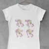 white tshirt with Unicorns with curly rainbow hair