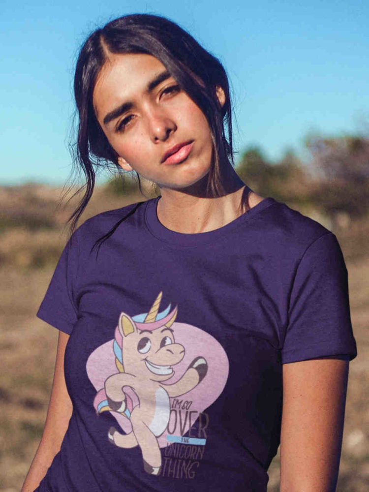 cool girl in purple tshirt with Funny unicorn quote