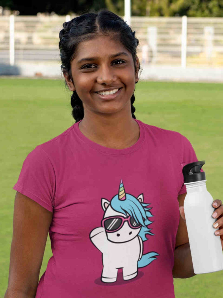 sporty girl in dark pink tshirt with unicorn wearing sunglasses