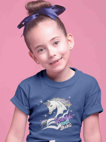 cute girl in Unicorn sparkle and shine deep blue tshirt