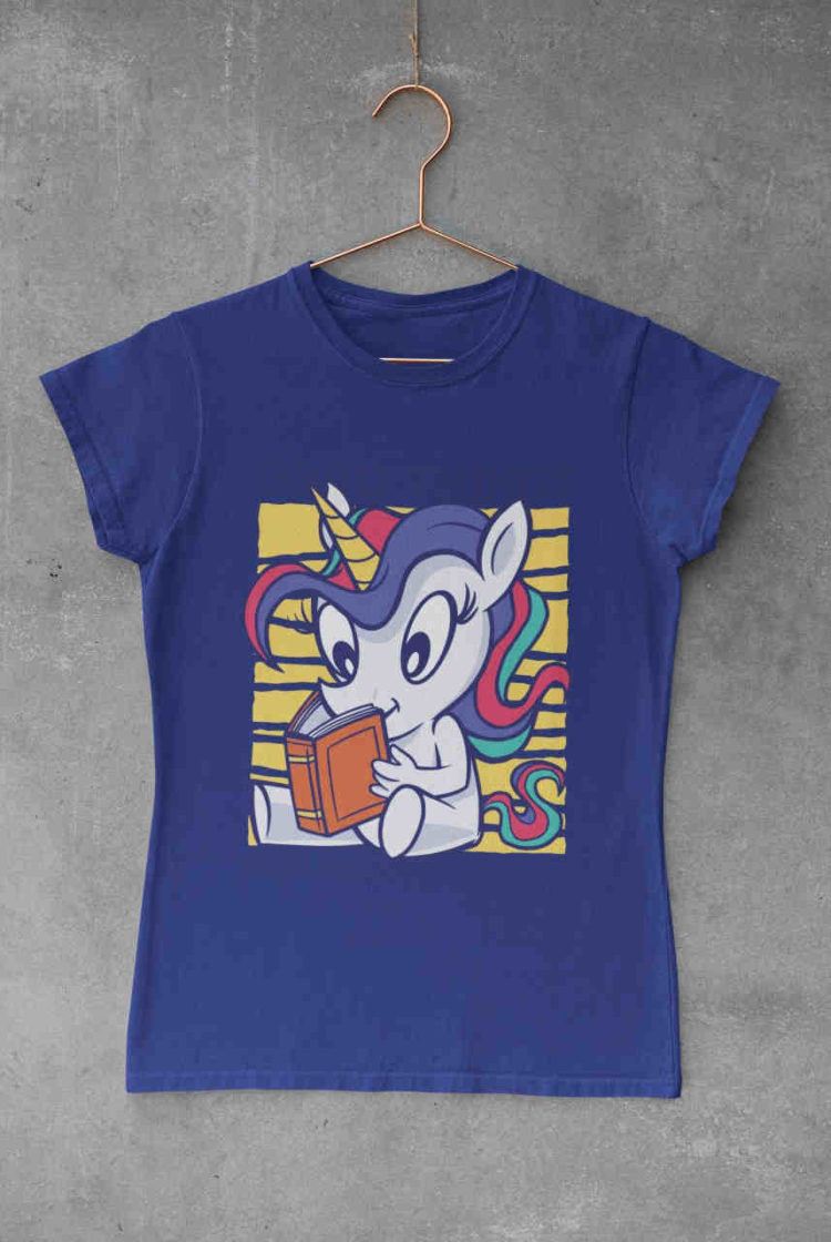 deep blue tshirt with Unicorn reading a book