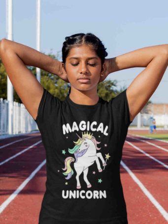 sporty girl in black Magical unicorn tshirt