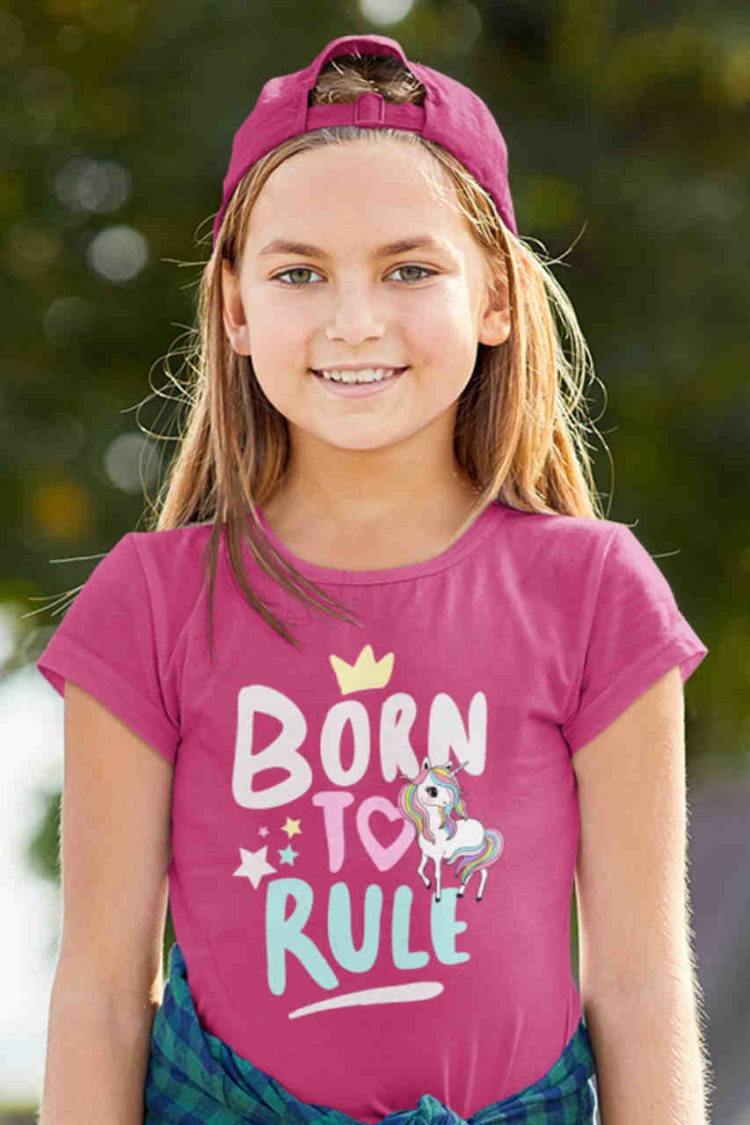 cool girl in dark pink Unicorn Born to Rule tshirt
