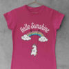 Dark pink tshirt with unicorn swinging on a rainbow