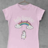 light pink tshirt with unicorn swinging on a rainbow