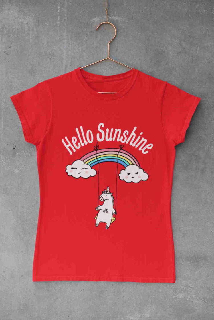 red tshirt with unicorn swinging on a rainbow