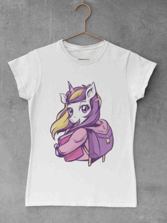 6S1087 cute girl in purple tshirt with unicorn going to school