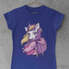 cute girl in deep blue tshirt with unicorn going to school