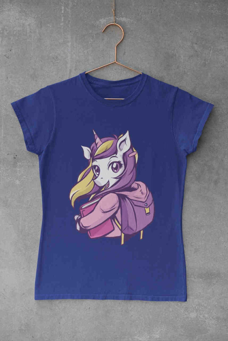 cute girl in deep blue tshirt with unicorn going to school