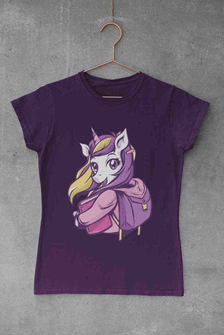 cute girl in purple tshirt with unicorn going to school