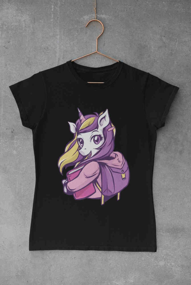 cute girl in black tshirt with unicorn going to school