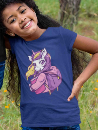 happy girl in deep blue tshirt with unicorn going to school