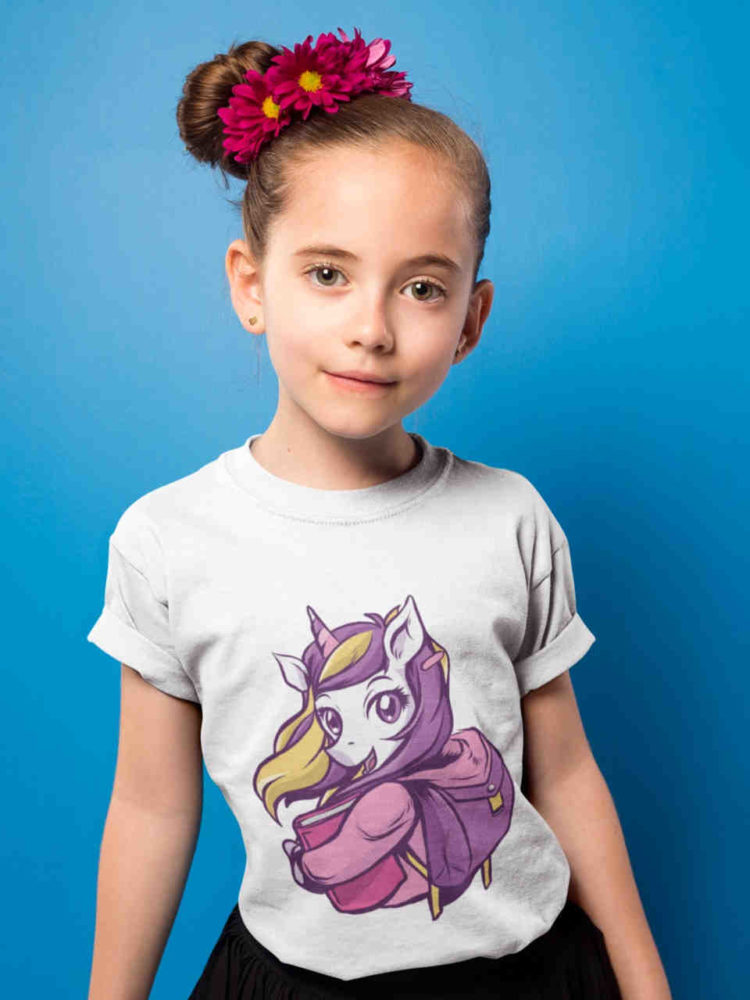 pretty girl in white tshirt with unicorn going to school
