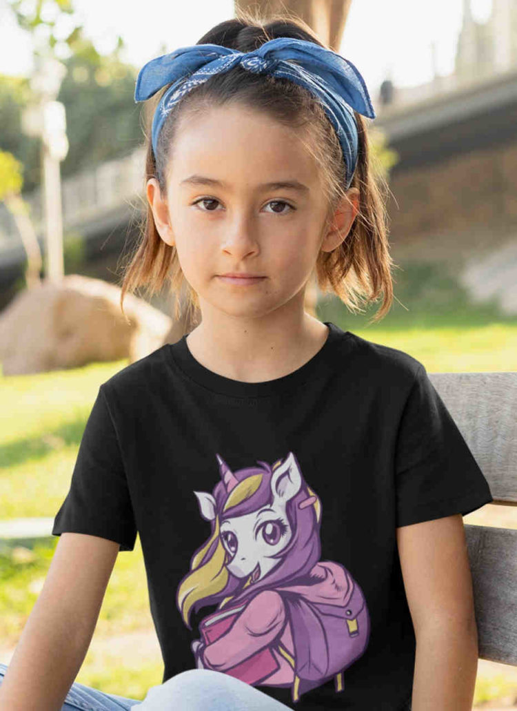 sweet girl in black tshirt with unicorn going to school