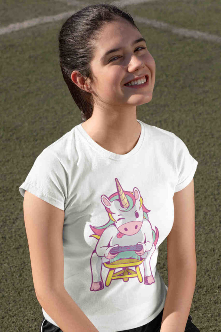 pretty girl in White Unicorn Gamer tshirt