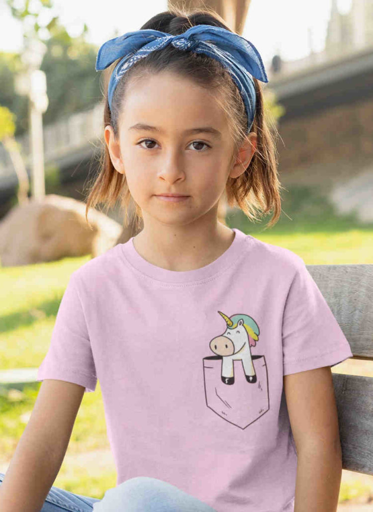 cute girl in light pink Pocket unicorn tshirt