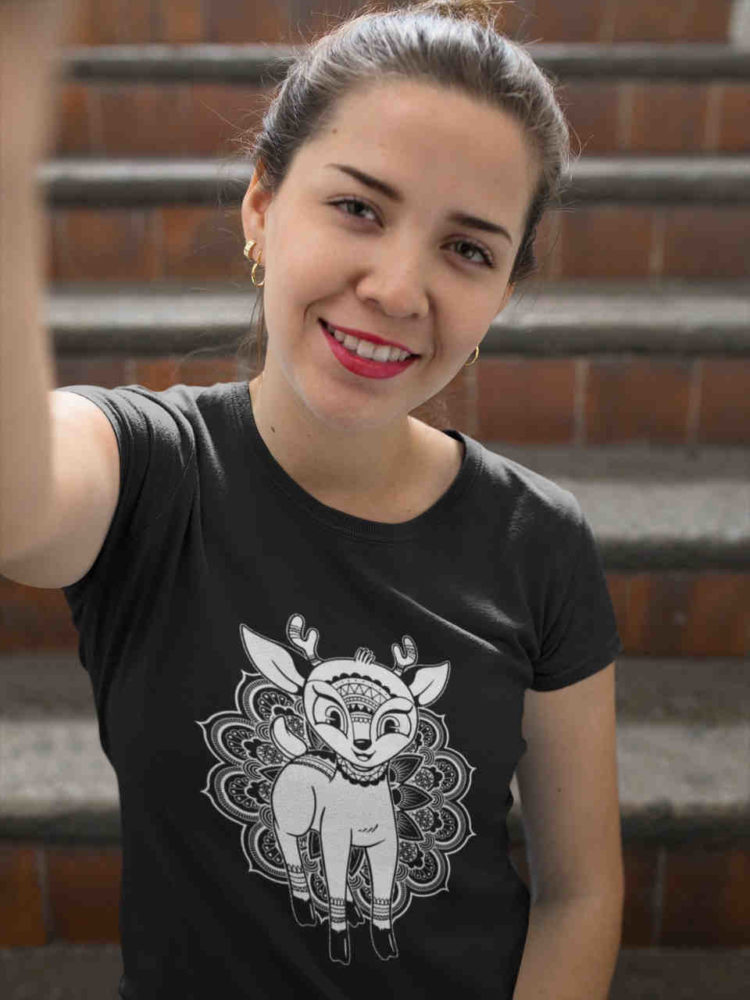 cool girl wearing Tribal Fox on Black tshirt