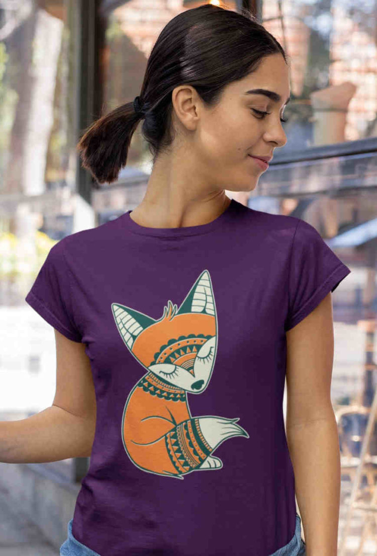 pretty girl wearing Tribal Fox on purple tshirt