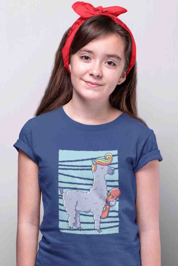 Cute girl in dark blue Llama Skater tshirt